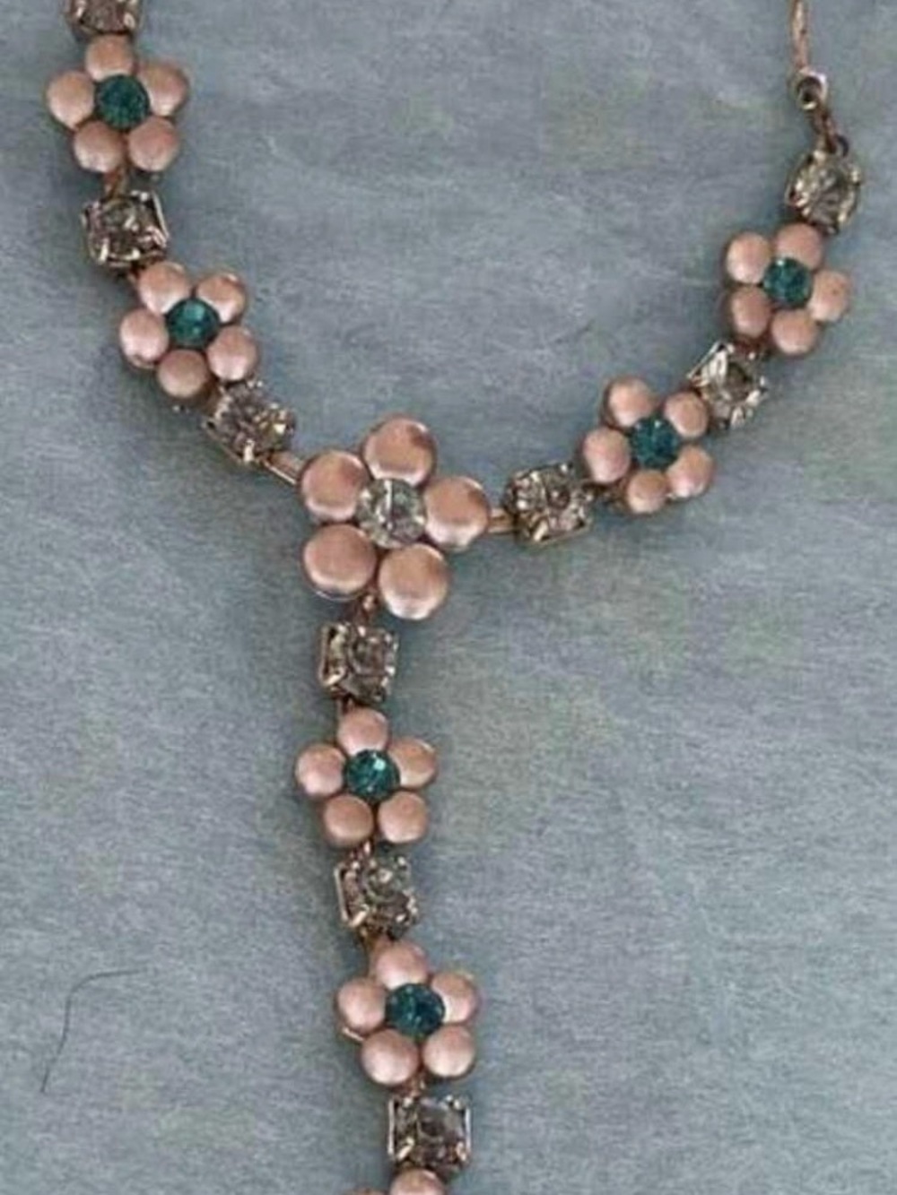 3 PC Set - Delicate Pink Flower Drop Necklace with Teal Centers & Rhinestones